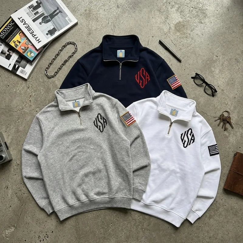 Y2K Retro Quarterzip Pullover Hoodie Embroidery Sweatshirt American Vintage Old Money Casual Streetwear Unisex Oversized Coat