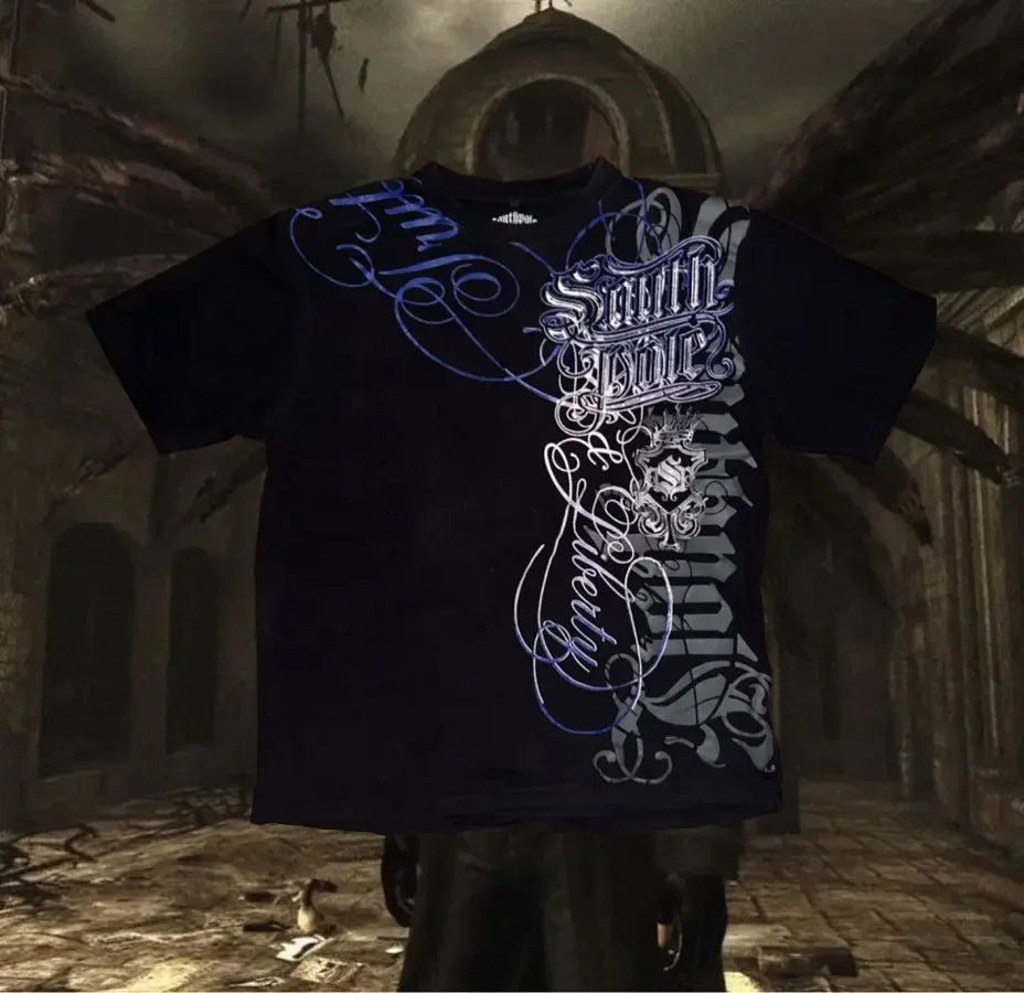 Southpole Y2K Vintage Cotton Graphic Tee Distressed Oversized Unisex T-Shirt with Gothic Print Streetwear Retro Soft Shirt Man
