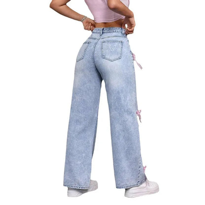 Luxury Women's Jeans Street Chic Street Style Bowknot Design Washed Denim Pants Loose Straight Wide Leg Pants For Y2kk