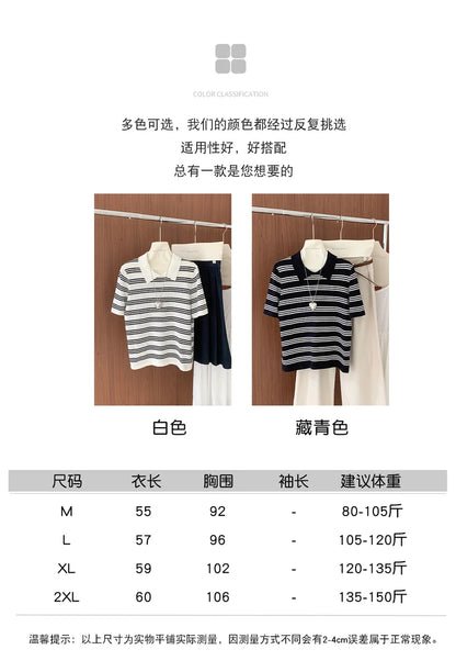 Summer women's100% cotton casual striped knitted T-shirt short sleeved loose POLO collar pullover Korean version fashionable top