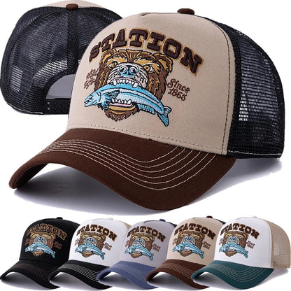 Bear Eating Fish Streetwear Hat Truck Hat Outdoor Skateboarding Hat Sunshade Baseball Hat Breathable Mesh Hat