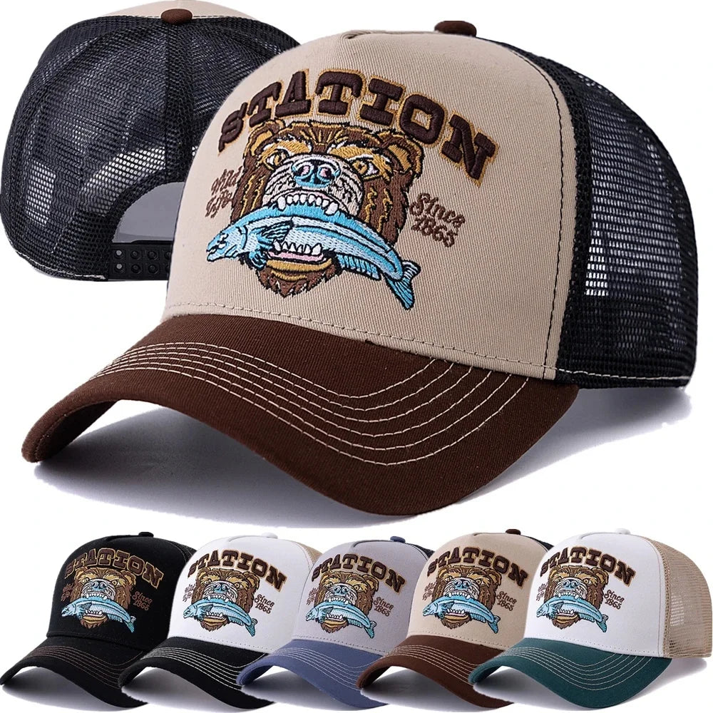 Bear Eating Fish Streetwear Hat Truck Hat Outdoor Skateboarding Hat Sunshade Baseball Hat Breathable Mesh Hat