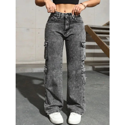 Profashion Jeans High Waist Stretch Cargo Pants Multiple Pockets Casual Trousers For Ladies Fashion Retro Style