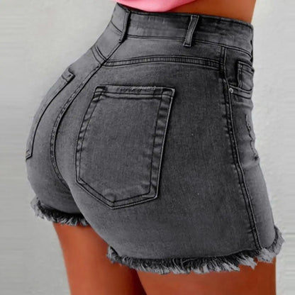 Profashion  Retro Distressed Ripped Edge Women Shorts High Waist Washed Butt-lifted Slim Fit Side Pockets Casual Club Party Short Pants