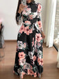 Women's Slim Dresses Casual Long Sleeve Round Neck Flower Printed Dress Strap Floor-Length Long Skirt Women's Clothing