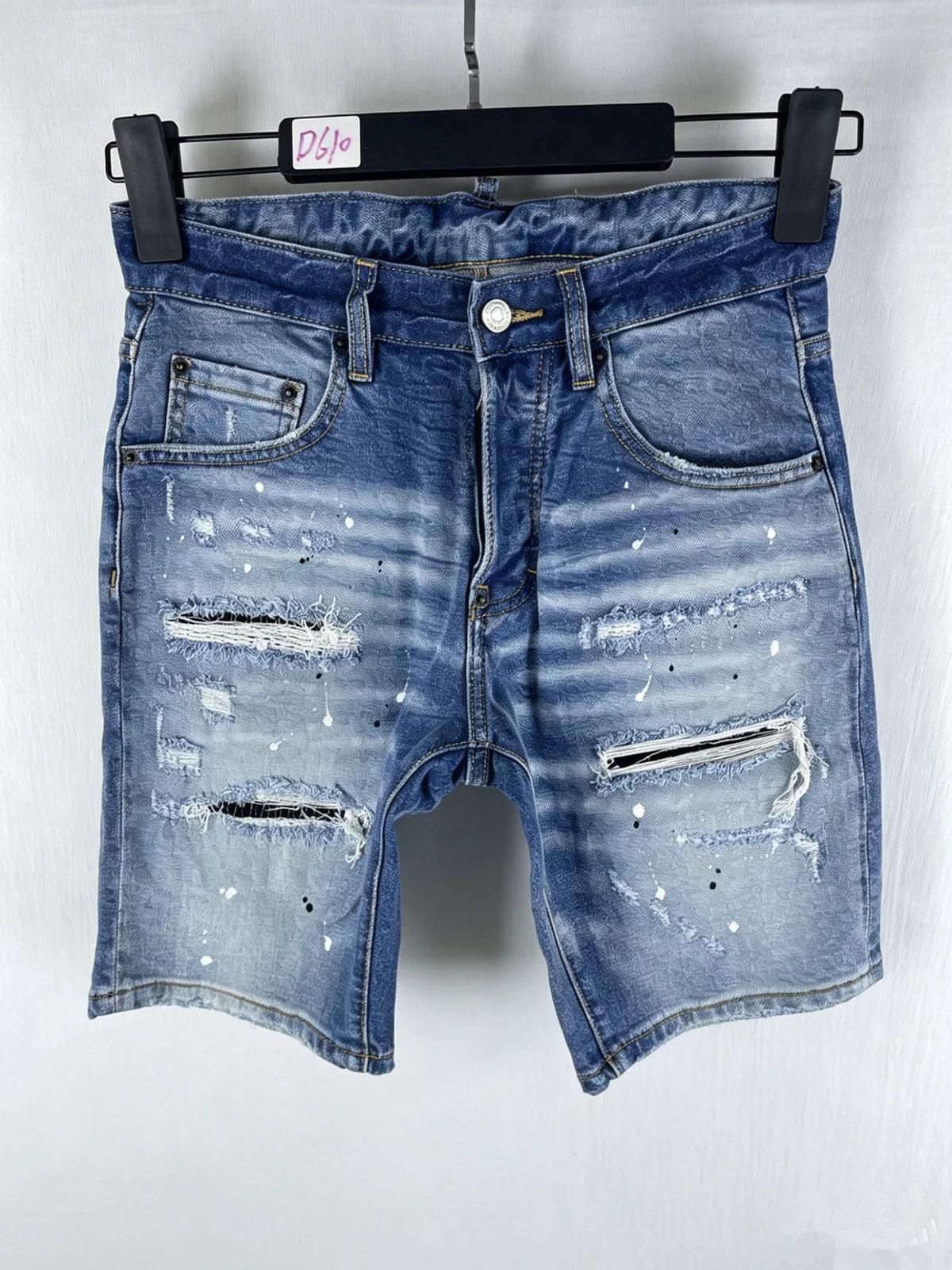 3006 Summer New Men's Jeans Washed Ripped Patch Paint Slim-fit Micro-elastic Denim Shorts Men's Black