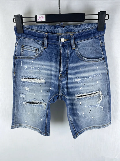 3006 Summer New Men's Jeans Washed Ripped Patch Paint Slim-fit Micro-elastic Denim Shorts Men's Black