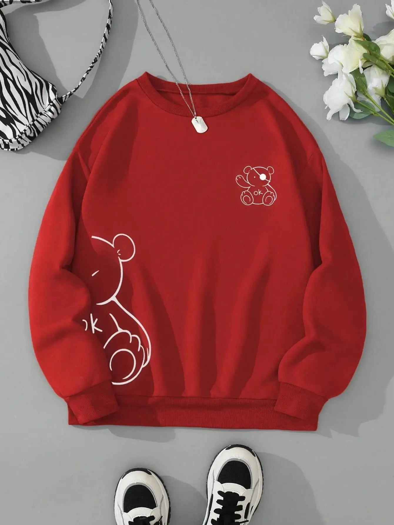 Profashion OK Teddy bear Printing Sweatshirts For Women Classic Retro Fashion Hoodies Fleece Warm Casual Clothes Loose Sportswear