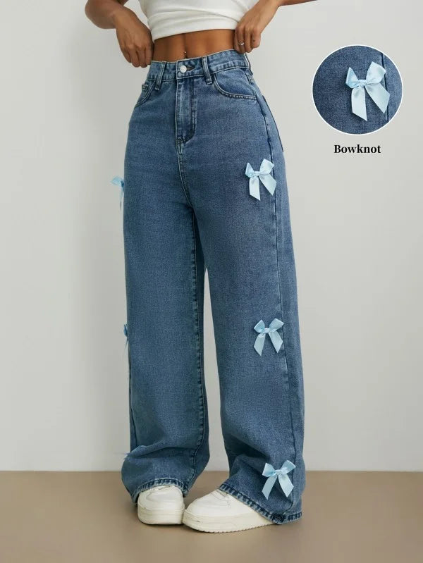 Luxury Women's Jeans Street Chic Street Style Bowknot Design Washed Denim Pants Loose Straight Wide Leg Pants For Y2kk