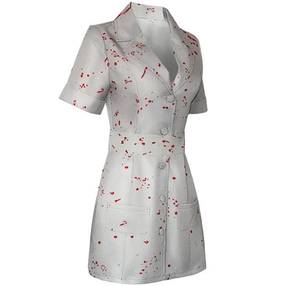 Silent Hill Nurse Cosplay Costume, Womens White Bloodstained Uniform With Belt And Hat, Halloween Fancy Dress For Comic