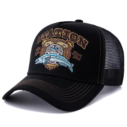 Bear Eating Fish Streetwear Hat Truck Hat Outdoor Skateboarding Hat Sunshade Baseball Hat Breathable Mesh Hat
