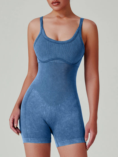 Women's Washed Yoga Bodysuit High Waisted Seamless 4-Way Stretch Workout Activewear Breathable Quick-Dry Lounge Jumpsuit