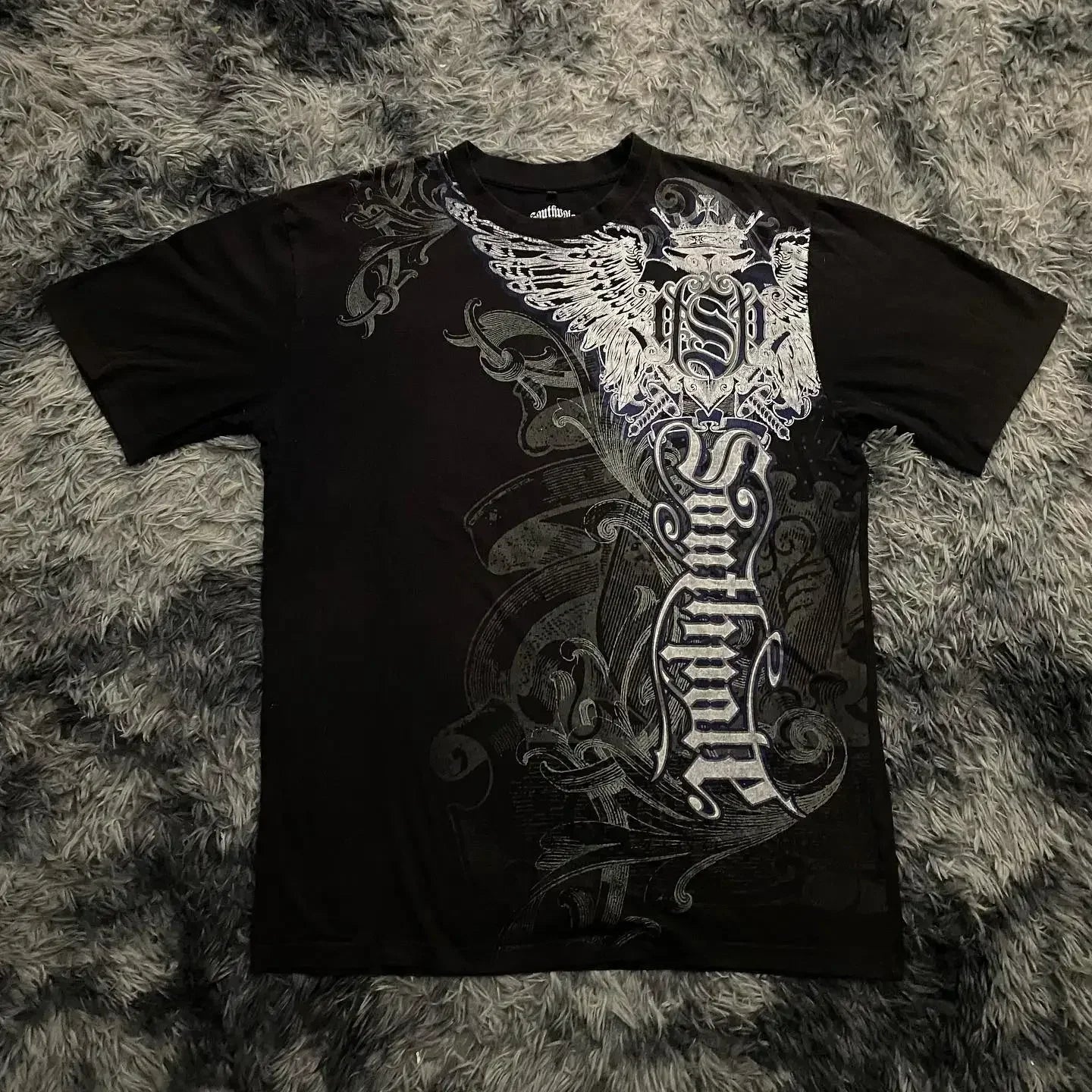 Southpole Y2K Vintage Cotton Graphic Tee Distressed Oversized Unisex T-Shirt with Gothic Print Streetwear Retro Soft Shirt Man