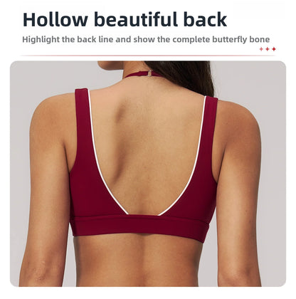 Women Deep V Neck Sports Bra Wide Strap Open V Back Contrast Piping Padded Push Up Gym Workout Top Yoga Bras Activewear Summer