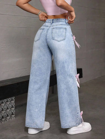 Luxury Women's Jeans Street Chic Street Style Bowknot Design Washed Denim Pants Loose Straight Wide Leg Pants For Y2kk