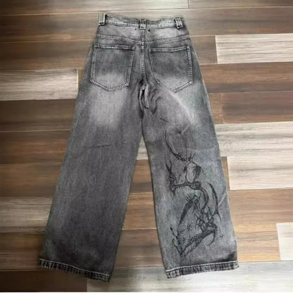 Mens Jeans Y2K Vintage Streetwear Black Gray Wide Leg Denim Pants Abstract Print Washed Distressed Loose Fit Dark Punk Fashion