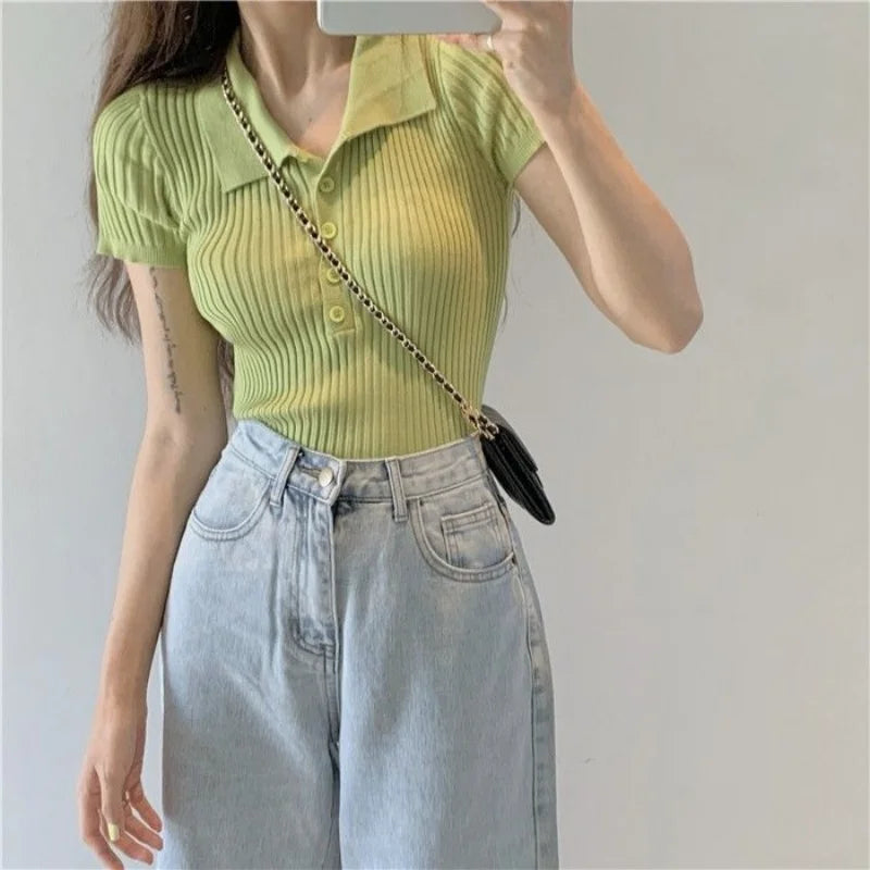 New Polo Women TShirt Ribbed Knitted Sexy Tops Summer Basic Shirts Skinny Slim Casual Short Sleeve Vest Women's Top White Black