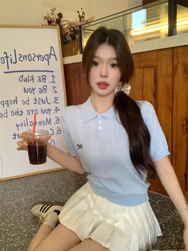 AOSSVIAO Summer New Korean Fashion Slim Polo shirt Knitted Short Sleeve T-shirt Sweet Bow Embroidered Knitted  Women Tops