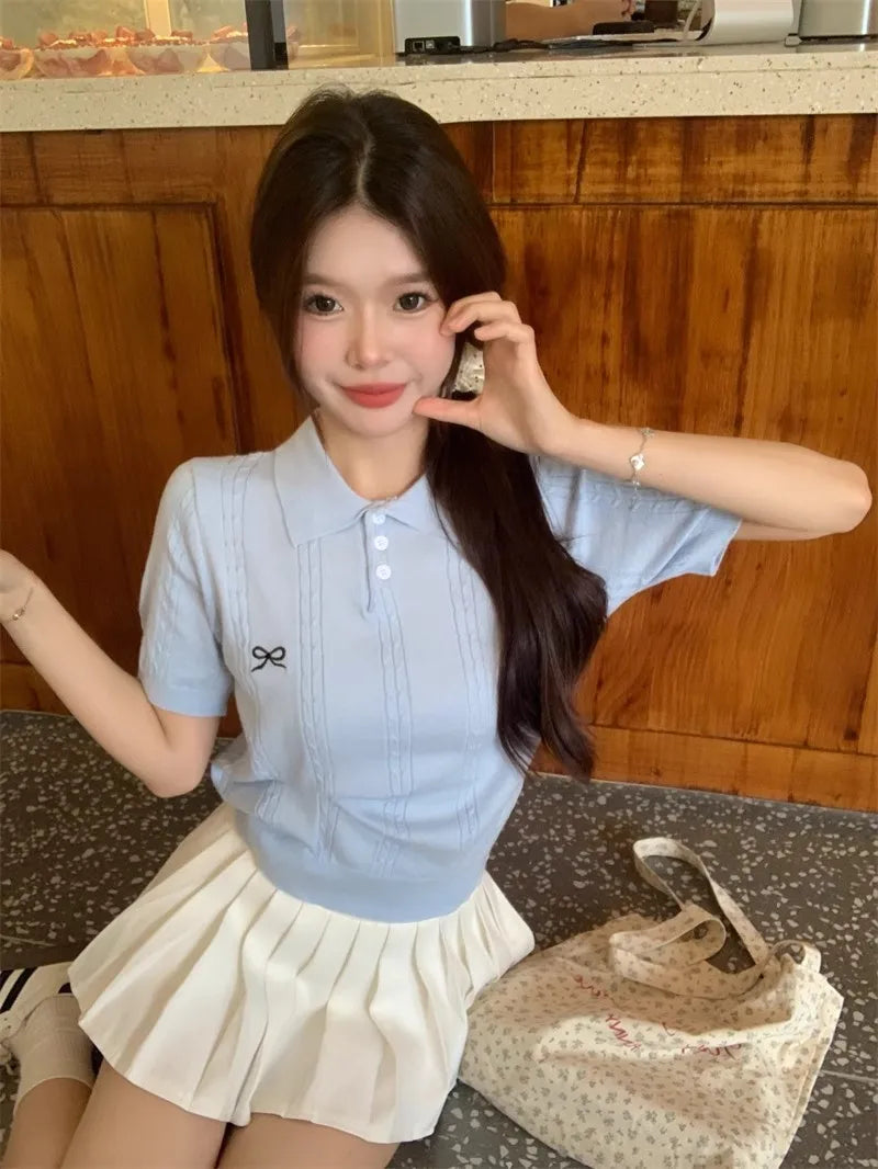 AOSSVIAO Summer New Korean Fashion Slim Polo shirt Knitted Short Sleeve T-shirt Sweet Bow Embroidered Knitted  Women Tops