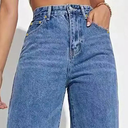 High Waist Denim Pants For Women Stretchy Wide-Leg Jeans With Pockets Casual Straight Leg Summer Autumn Female Jean Trousers