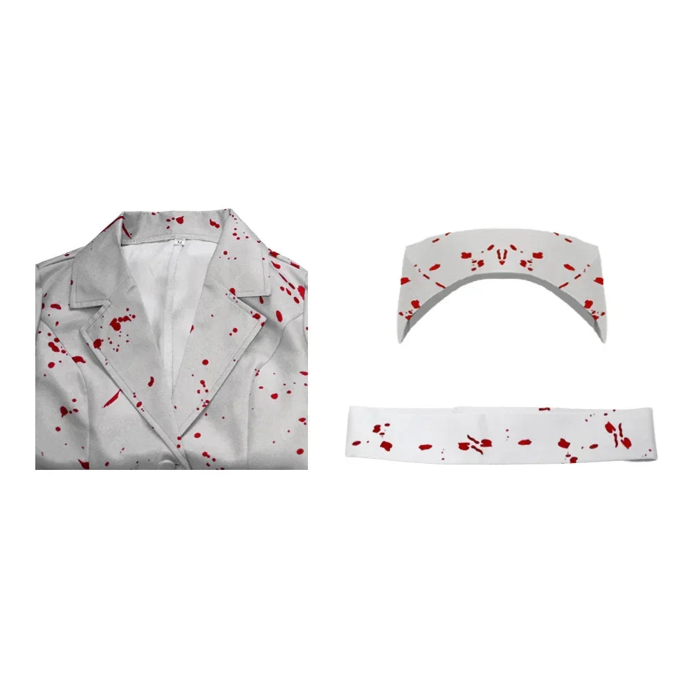 Silent Hill Nurse Cosplay Costume, Womens White Bloodstained Uniform With Belt And Hat, Halloween Fancy Dress For Comic