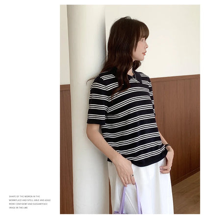 Summer women's100% cotton casual striped knitted T-shirt short sleeved loose POLO collar pullover Korean version fashionable top