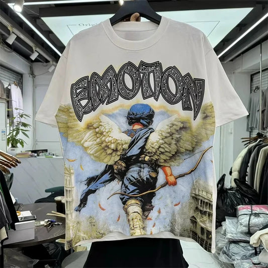 Unisex Couple Street Style Angel Print Summer Top Round Neck Short Sleeve T-Shirt