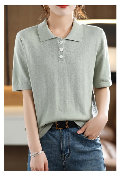 Women's T-shirt Summer 100% Cotton Sweater Short Sleeve Casual Knitted POLO Collar Women's Top Loose Pullover T-shirt Button