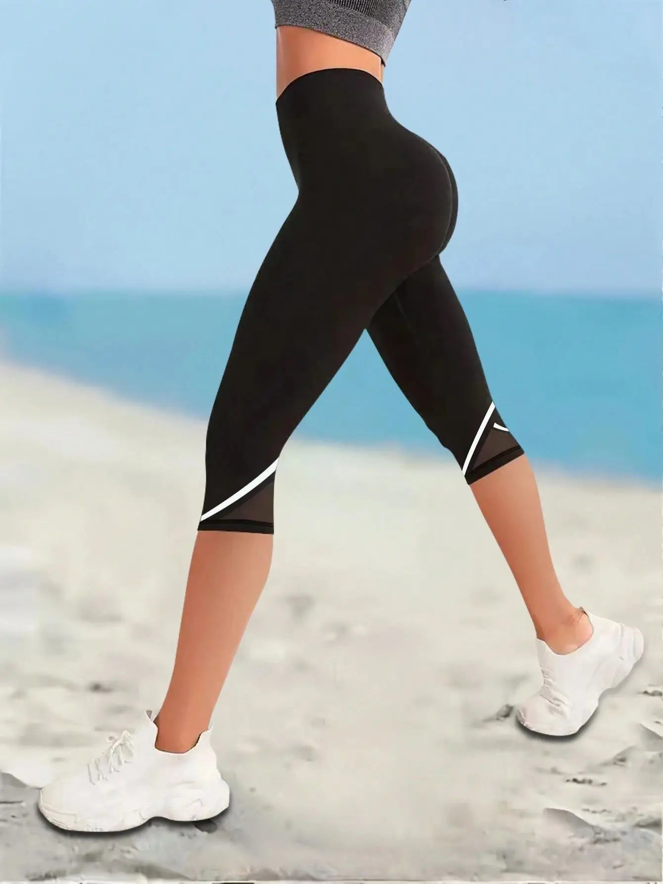 Mesh High Waist Yoga Pants Capri Leggings For Women, Tummy Control Workout Capri Leggings, Women's Activewear