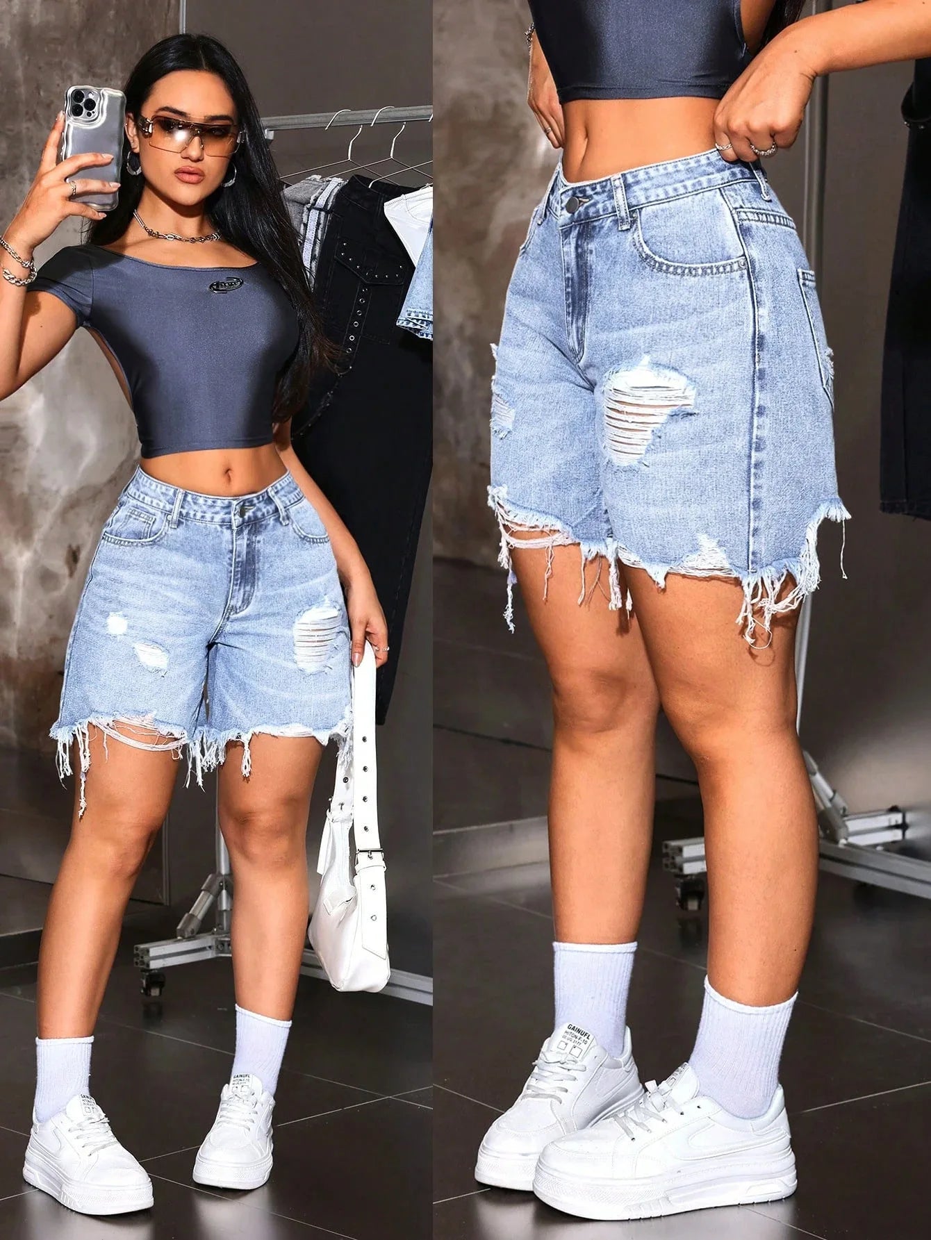 Denim Pant Women Shorts Jeans Vintage Short Pants High Waist Casual Loose Hole Trousers Y2k Streetwear Elegant Summer
