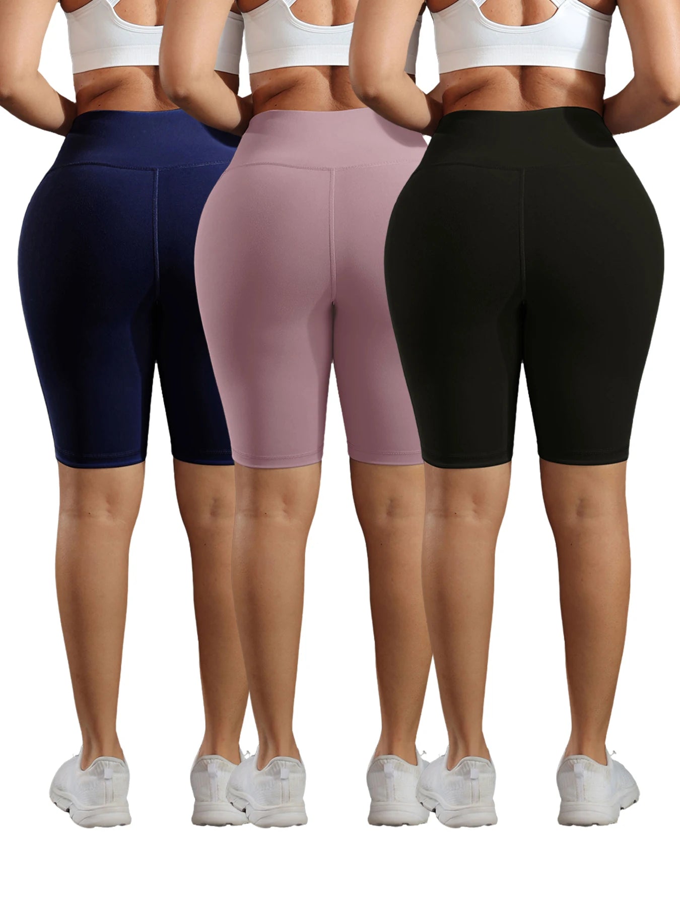 Solid Color Women Shorts with 3 Pockets Butt Lifting Workout Tights Stretch Athletic Five-pointed Pants Outdoor Fitness Shorts