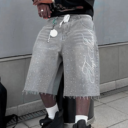 Summer Fashion Denim Shorts for Men Knee Length Casual Letter Embroidered Shiny Rhinestone Decor Jeans Shorts with Pockets