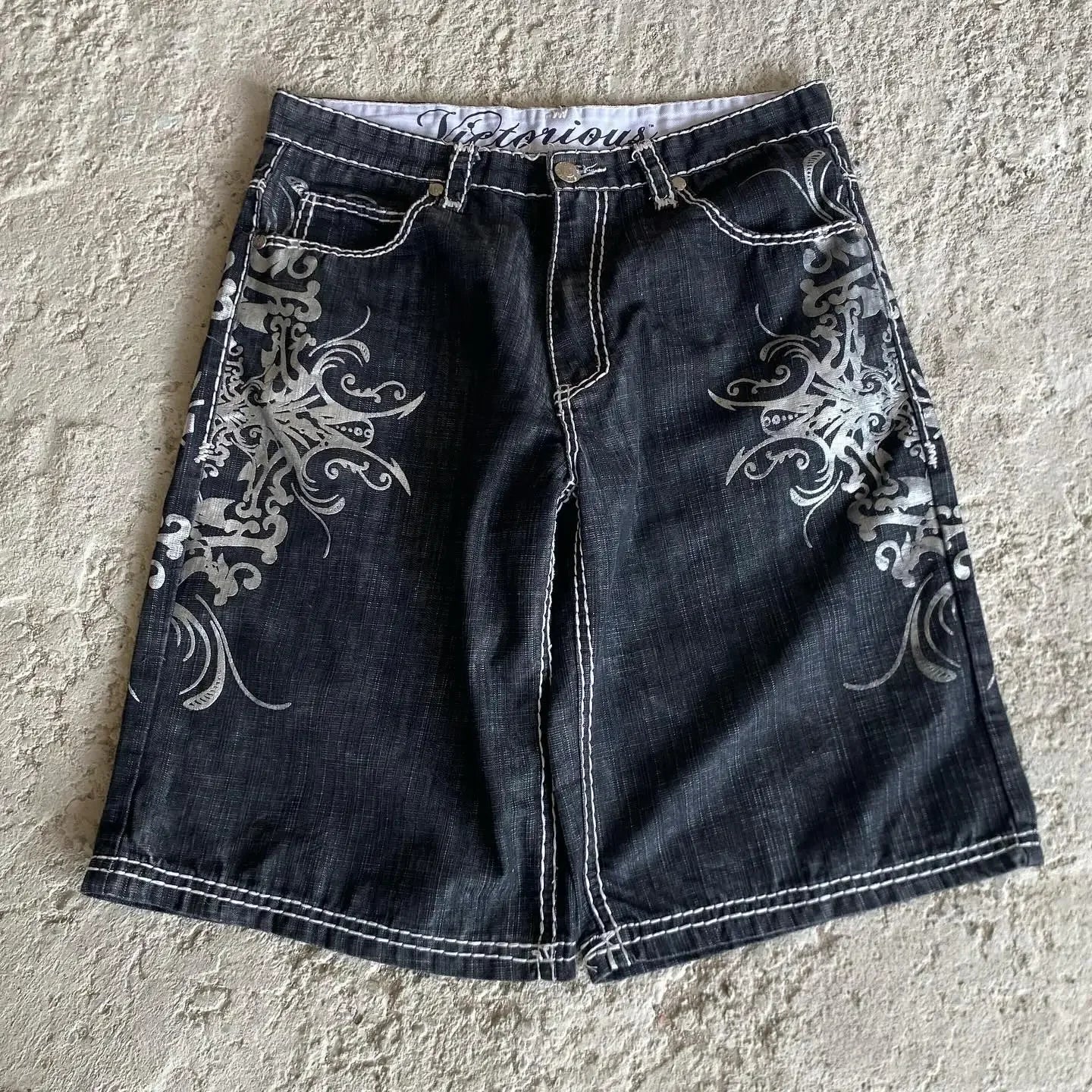 Denim shorts hip hop heraldic embroidered boy and girlfriend punk casual basketball shorts Y2K Harajuku retro street wear
