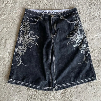 Denim shorts hip hop heraldic embroidered boy and girlfriend punk casual basketball shorts Y2K Harajuku retro street wear
