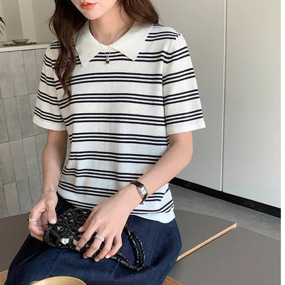 Summer women's100% cotton casual striped knitted T-shirt short sleeved loose POLO collar pullover Korean version fashionable top