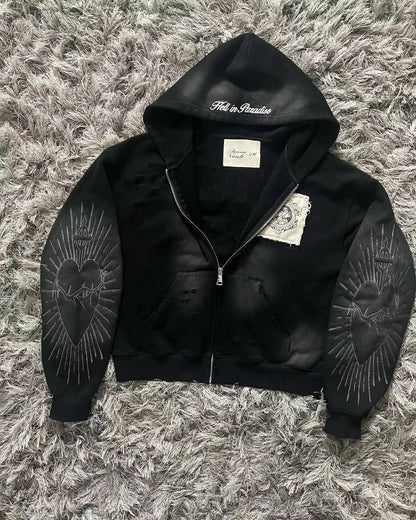 American Vintage Oversized Skull Graphic Zipper Hoodie Men Y2K Harajuku Hip Hop Gothic Couple Casual Joker Sweatshirt Coats