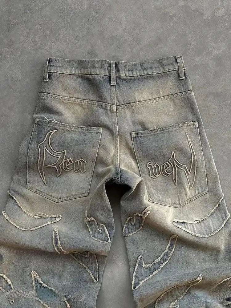 American New Fashion Patch Baggy Casual Jeans For Men And Women Y2K High Street Harajuku High Waist Wide Leg Denim Trousers