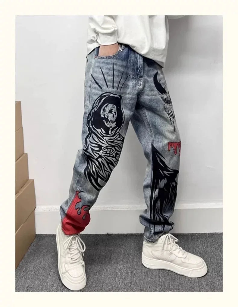 Men's Retro American Street Hip Hop Flame Skull Print Jeans Man High Street Motorcycle Denim Long Pants Baggy Jeans Men Techwear
