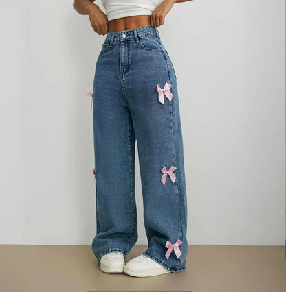 Luxury Women's Jeans Street Chic Street Style Bowknot Design Washed Denim Pants Loose Straight Wide Leg Pants For Y2kk