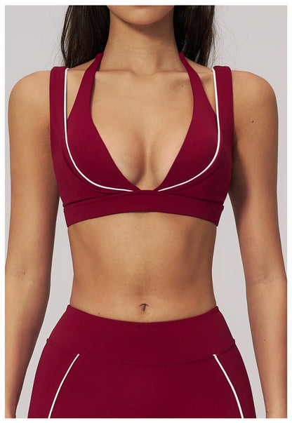 Women Deep V Neck Sports Bra Wide Strap Open V Back Contrast Piping Padded Push Up Gym Workout Top Yoga Bras Activewear Summer