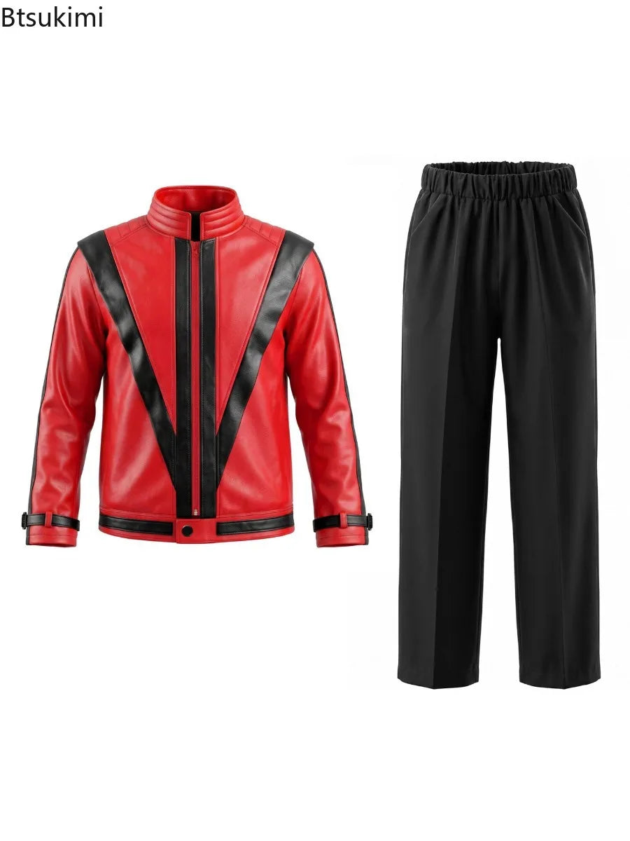 Adults Michael Red Faux Leather Jacket Pant Set Jackson Fashion Music Idol Character Creative Halloween Stage Performance Suits