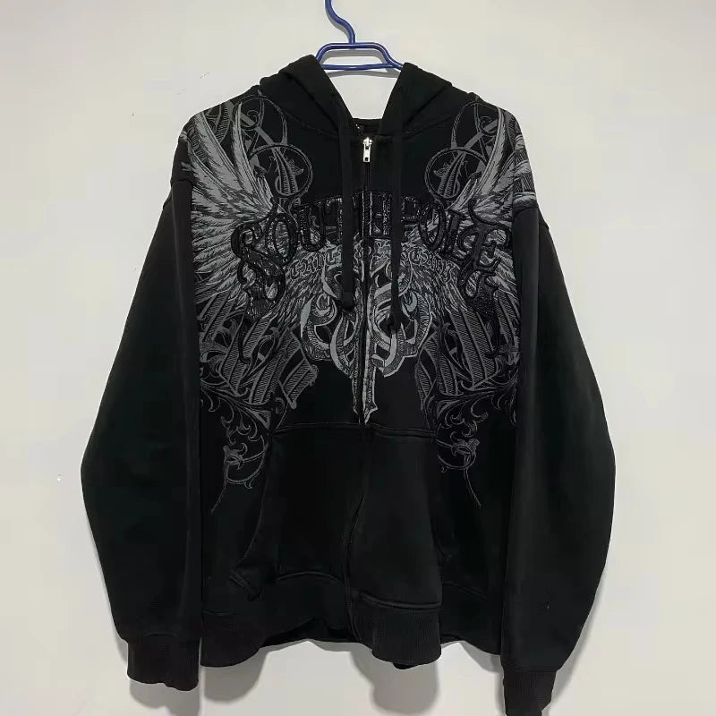 American Vintage Oversized Skull Graphic Zipper Hoodie Men Y2K Harajuku Hip Hop Gothic Couple Casual Joker Sweatshirt Coats