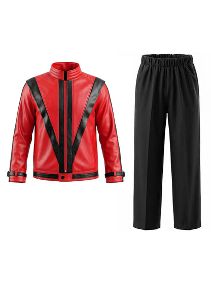 Adults Michael Red Faux Leather Jacket Pant Set Jackson Fashion Music Idol Character Creative Halloween Stage Performance Suits