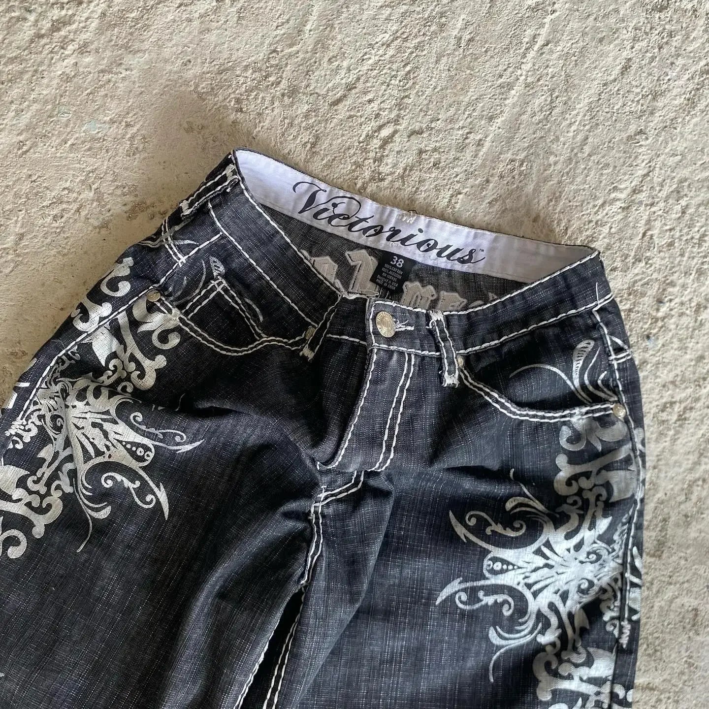 Denim shorts hip hop heraldic embroidered boy and girlfriend punk casual basketball shorts Y2K Harajuku retro street wear
