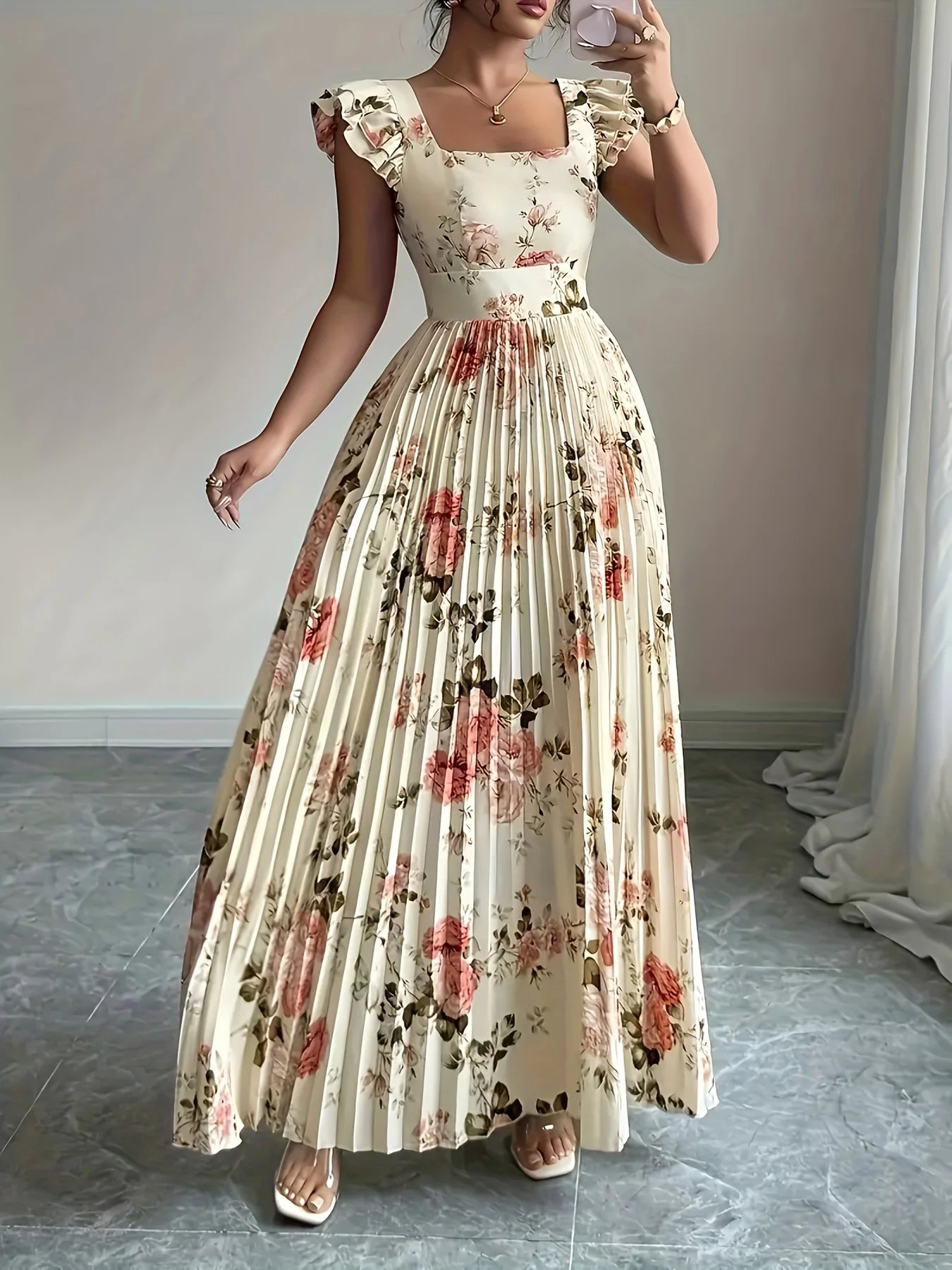 Elegant Beige Floral Pleated Midi Dress with Ruffle Square Neck and Stretch High Waist Slim Fit Party Evening Gown