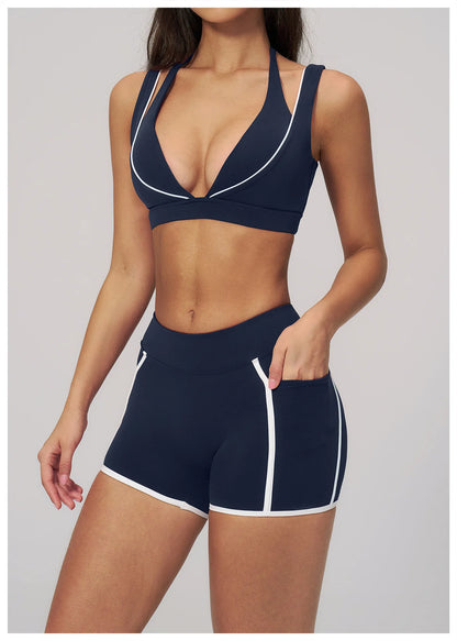 Women Deep V Neck Sports Bra Wide Strap Open V Back Contrast Piping Padded Push Up Gym Workout Top Yoga Bras Activewear Summer