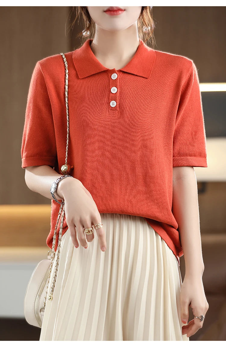 Women's T-shirt Summer 100% Cotton Sweater Short Sleeve Casual Knitted POLO Collar Women's Top Loose Pullover T-shirt Button