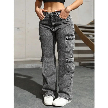 Profashion Jeans High Waist Stretch Cargo Pants Multiple Pockets Casual Trousers For Ladies Fashion Retro Style