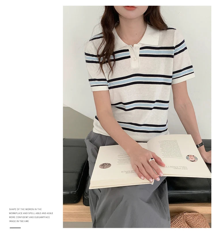 Summer 100% cotton women's T-shirt casual striped knit pullover short sleeved loose POLO collar Tees Pull fashion tops
