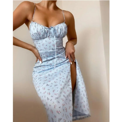 Women Elegant Floral Beach Vacation Streetwear Sexy Low Cut Beach Party Slim Slit Dress Chic Bodycon Lady Sleeveless Vestidos